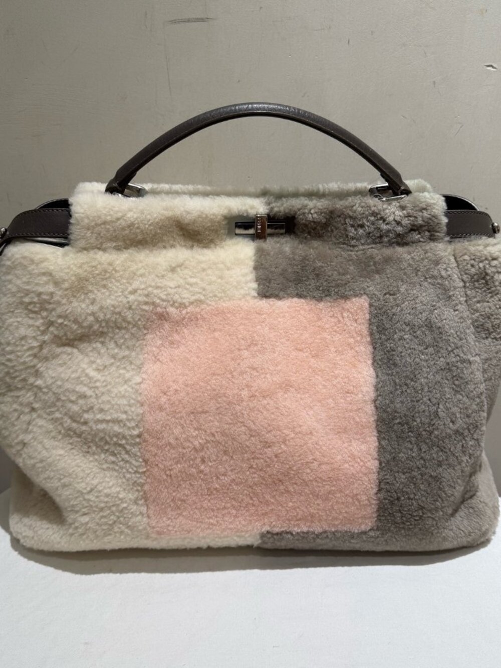 Fendi Peekaboo Medium Patchwork Shearling Top‑Handle Handbag